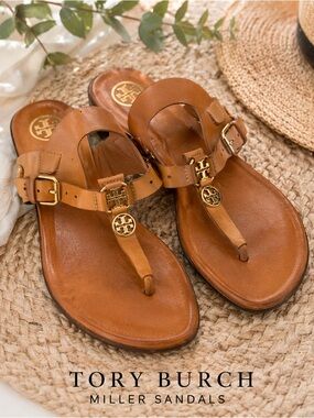 Tory Burch Miller Sandals Brown Leather Logo Thong Size 9.5